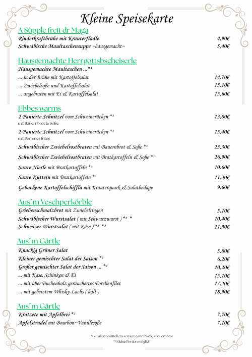 Kleine Speisekarte